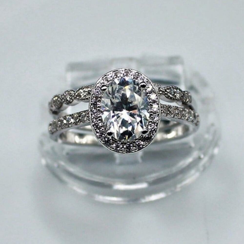 Silver Oval Cut Halo Moissanite Engagement Ring Set Anniversary Gift Size 8